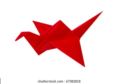 Red Paper Crane Origami Bird Over White