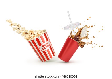 Red Paper cup with cola splash and falling Popcorn in box isolated on white background