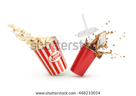 Red Paper cup with cola splash and falling Popcorn in box isolated on white background