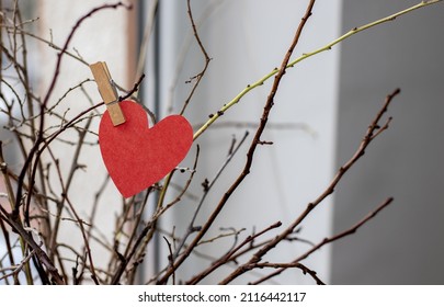 Red Paper Heart Or Crumpled Heart Attached By Tree Branches From A Vase, In The House. Heart Attached With Wooden Clothes Pin. Home Decoration. Dry Branches. Blue Background Or Near The Window. Love, 