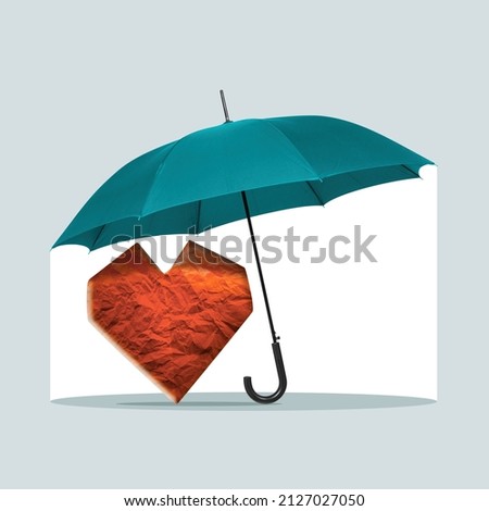 Red paper heart under an umbrella, art collage. The concept of life and health insurance, marriage counseling, charity.