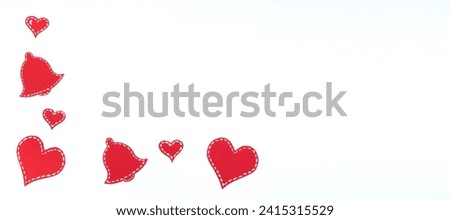 Red paper hearts isolated on white background. Valentine's Day. Copy space. Top view, Banner