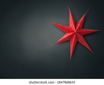 Red Paper Lightning Lantern In Star Form, Christmas Decoration (mass Production) On  Gray Background. Background For Banner, Calendar, Postcards