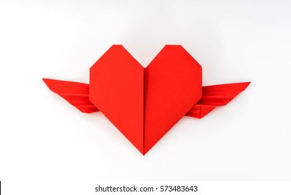 Red Paper Origami Heart With Wings On White Background