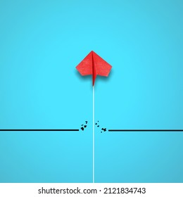 Red Paper Plane Breaking Through Obstacle, Concept Of Overcoming Barriers, Goal, Target