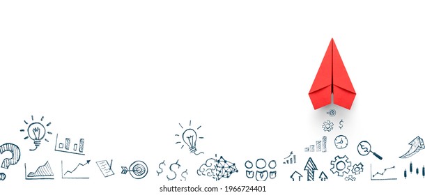 Red paper plane and business strategy on white background, Business success, innovation and solution concept, copy space