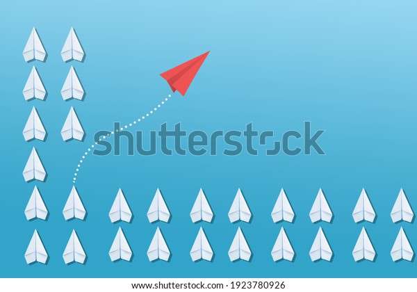 Red paper plane changing\
direction from white paper plane. new ideas. paper art style.\
creative idea