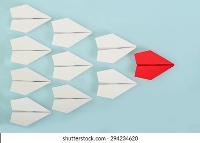 Red Paper Plane Leading White Ones, Leadership Concept