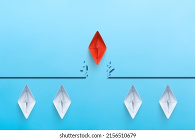 Red Paper Ship Breaking Through Obstacle, Concept Of Overcoming Barriers, Goal, Target