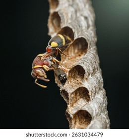 Red paper wasp constructing and defending its nest against a blurred dark background, showcasing visible larvae developing within the honeycomb cells of the colony