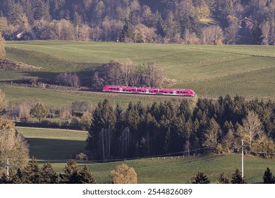 A red passenger train with several carriages moves along the tracks against the background of a forest. - Powered by Shutterstock