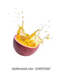 Red passion fruit with passionfruit juice splash isolated on white background. - Shutterstock ID 2149275267