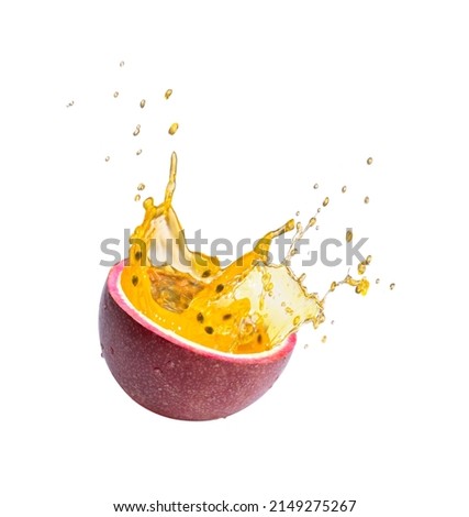 Red passion fruit with passionfruit juice splash isolated on white background.