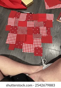 Red patchwork fabric on the floor 