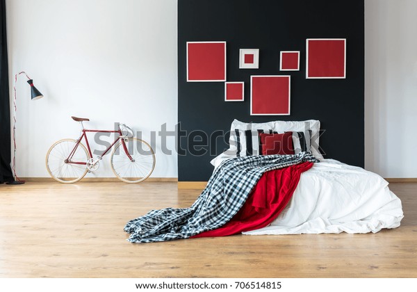 Red Patterned Coverlet On Kingsize Bed Stock Photo Edit Now