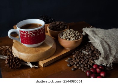 A red patterned cup filled with coffee rests on a wooden board, surrounded by various coffee beans and seeds in bowls, creating a warm and inviting atmosphere.
 - Powered by Shutterstock