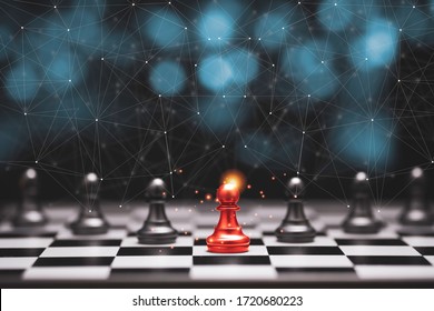 Red Pawn Chess Stepped Out Of Line To Leading Black Chess And Show Different Thinking Ideas. Business Technology Change And Disruption For New Normal Concept.