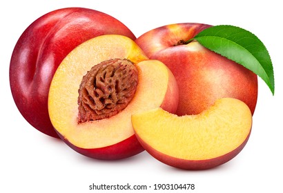 Red peach isolated on white background. Ripe fresh peach Clipping Path. Peach with leaf