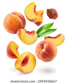 Red peaches, juicy peach slices, leaves and peach stone levitating in air on white background. File contains clipping paths.