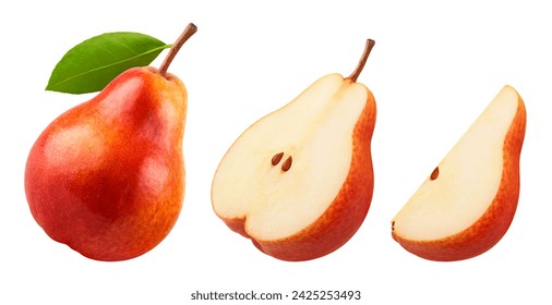 Red pear, half and slice of pear isolated on white background.