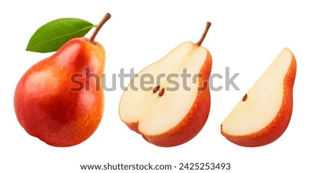 Red pear, half and slice of pear isolated on white background.
