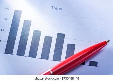 Red Pen Lying On A Bar Graph Showing Trends Or Performance Decreasing Towards Zero In A Downward Trajectory Due To Business Losses Or A Financial Crisis