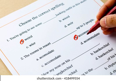 Red Pen Marked On Multiple Choices On English Spelling Vocabulary Test