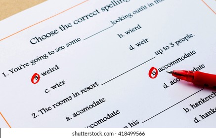 Red Pen Marked On Multiple Choices On English Spelling Vocabulary Test