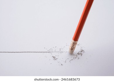 Red pencil eraser delete black line pencil on white paper background copy space. Repair, remove, creative idea, imagination and education concept.