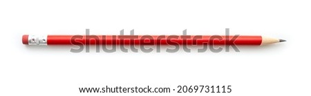 Red pencil with eraser isolated on white. Graphite pencil, red color, side view
