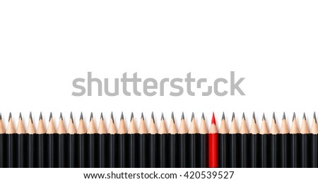 Red pencil standing out same crowd black bold pencils on white background, with space text. Leadership, unique, independence, initiative, strategy, dissent, think different, business success concept.