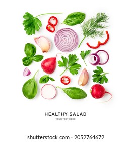 Red pepper, basil leaves, onion, radish, parsley and garlic creative pattern isolated on white background. Healthy eating and food concept. Fresh salad vegetables. Top view, flat lay, design element - Shutterstock ID 2052764672
