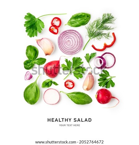 Red pepper, basil leaves, onion, radish, parsley and garlic creative pattern isolated on white background. Healthy eating and food concept. Fresh salad vegetables. Top view, flat lay, design element