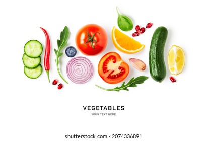 Red pepper, basil, orange, onion, rucola, tomato, cucumber, lemon and garlic creative layout isolated on white background. Healthy eating and food concept. Fresh salad vegetables. Top view, flat lay
 - Powered by Shutterstock