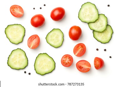 Red Pepper Cherry Tomatoes With Cucumber And Peppercorn Isolated On White Background. Top View