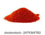 Red pepper powder isolated on white background, top view. Heap of red pepper powder on a white background. Red paprika, powder on a white background. Pile of red paprika isolated on white background.