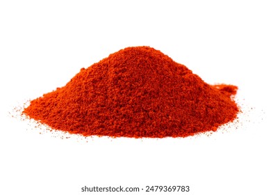 Red pepper powder isolated on white background, top view. Heap of red pepper powder on a white background. Red paprika, powder on a white background. Pile of red paprika isolated on white background.