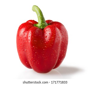 Red pepper with water drops isolated on white background