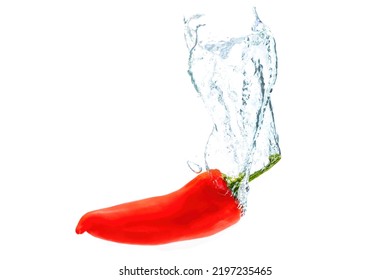 Red Pepperoni Falling Underwater With Splashes Isolated On White Background.