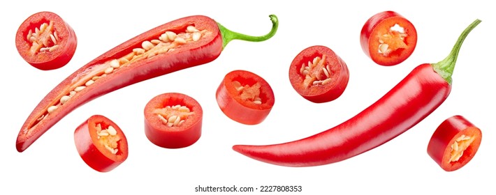 Red peppers isolated on white background. Red hot chili pepper clipping path. Full depth of field