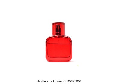 Red Perfume Bottle, Isolated On White.