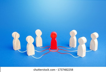 Red person spreads his influence to other people. The process of chain infection. Leader and leadership. Dissemination of information and rumors. Recruiting new followers around the idea. - Shutterstock ID 1737482258
