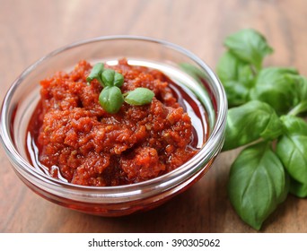 Red Pesto With Basil Garnish