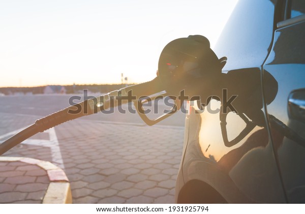 Red Petrol Pump Refueling Gun in the Tank of a\
Black Car close up with lens\
flare