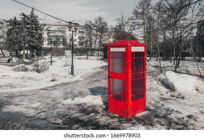 Red Phone Booth In The Snow. Improvement Of Urban Areas. 