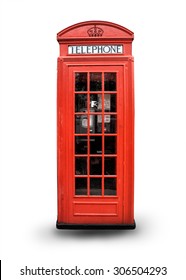 Teléfono rojo en Londres sobre fondo blanco, Reino Unido,