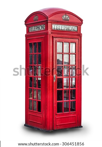 Red phone box in London over white background, United Kingdom,