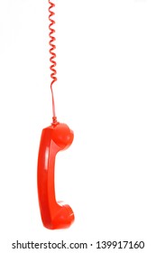 Red Phone Handset Dangling Old Style Phone Isolated On White