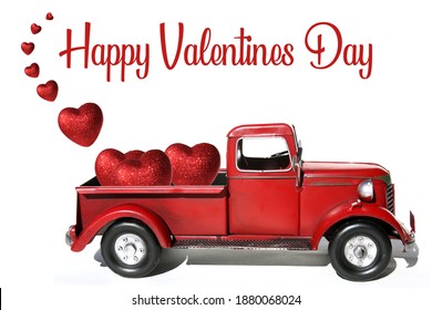 Red Pick Up Truck. Valentines Day. Red Pick Up Truck with Red Valentines Day Hearts. Isolated on white. Room for text. Happy Valentines Day. 