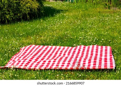 Red picnic blanket. Red checkered picnic cloth on a flowering meadow with daisy flowers. Beautiful backdrop for your product placement or montage. - Powered by Shutterstock